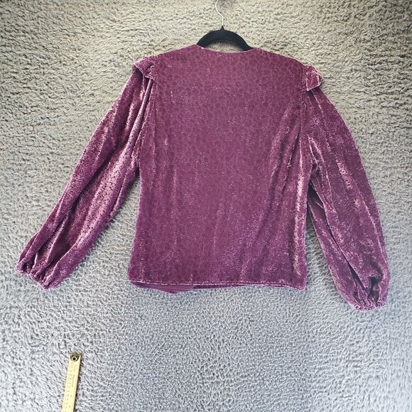 Melloday Top Womens Large Purple Crushed Velvet Ruffle Long Sleeve Blouse - Picture 4 of 9